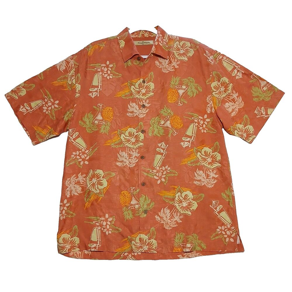 Tommy Bahama Shirt Mens Large Orange Pineapple Silk Button Hawaiian Vaca #976